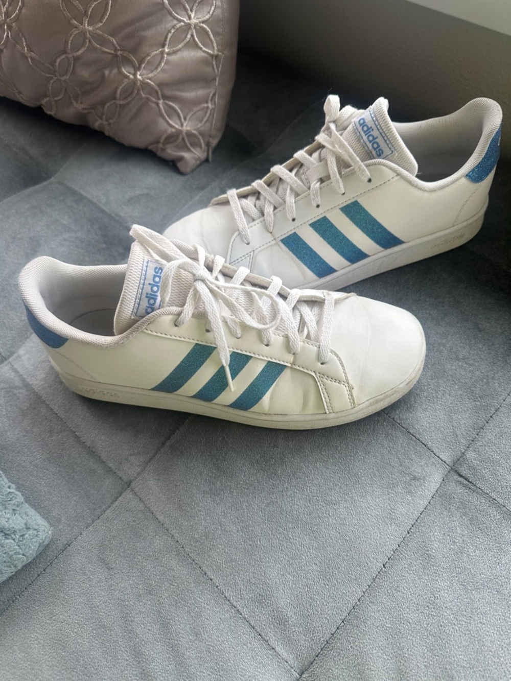 adidas White Sneakers with Light Blue Three Stripes